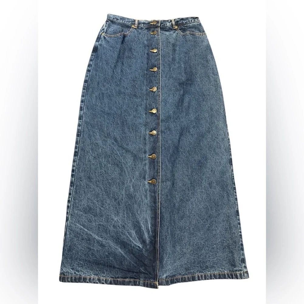 Eddie Bauer Longline Button-Front Flannel Lined Denim Maxi Skirt Size 10 Tall